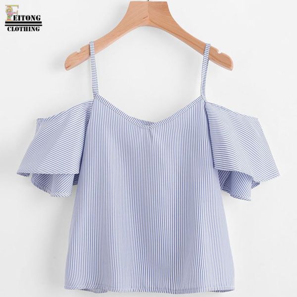 feitong 2018 women summer blue striped pinstripe blouse cold shoulder slash neck blue fashion ladies blouses summer, White
feitong 2018 women summer blue striped pinstripe blouse cold shoulder slash neck blue fashion ladies blouses summer, White