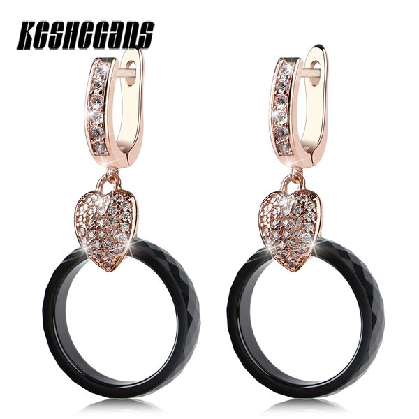 

black multiple section ceramic circle drop earrings with silver rose gold crystal heart shining rhinestone women earring jewelry