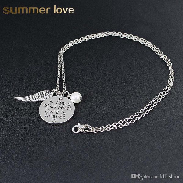 

fashion write a piece of my heart lives in heaven round necklace for women remembrance word imitation pearl necklace angel wing jewelry, Silver