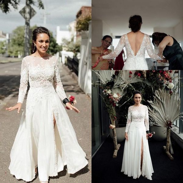 2018 backless holiday boho wedding dresses lace long sleeves slit garden beach bohemian sheer bridal wedding gowns, White
2018 backless holiday boho wedding dresses lace long sleeves slit garden beach bohemian sheer bridal wedding gowns, White