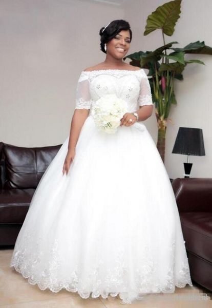 2018 new sheer half sleeves beaded lace up plus size bridal gowns a line african wedding vestidos nigeria lace off shoulder wedding dresses, White
2018 new sheer half sleeves beaded lace up plus size bridal gowns a line african wedding vestidos nigeria lace off shoulder wedding dresses, White