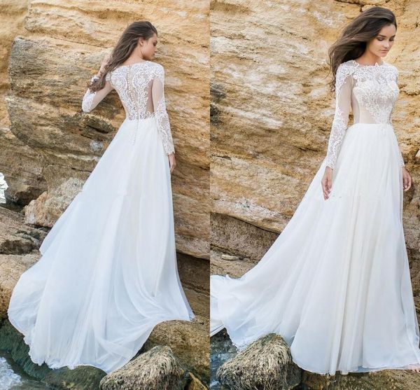2019 Vintage Modest Long Sleeves Chiffon A Line Summer Beach Wedding Dresses Lace Applique Wedding Bridal Gowns With Buttons robe de mariée
2019 Vintage Modest Long Sleeves Chiffon A Line Summer Beach Wedding Dresses Lace Applique Wedding Bridal Gowns With Buttons robe de mariée