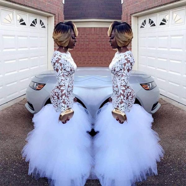 2020 african white mermaid lace evening dresses for black girls long sleeves ruffles tulle floor length plus size prom gowns vestidos ba5080