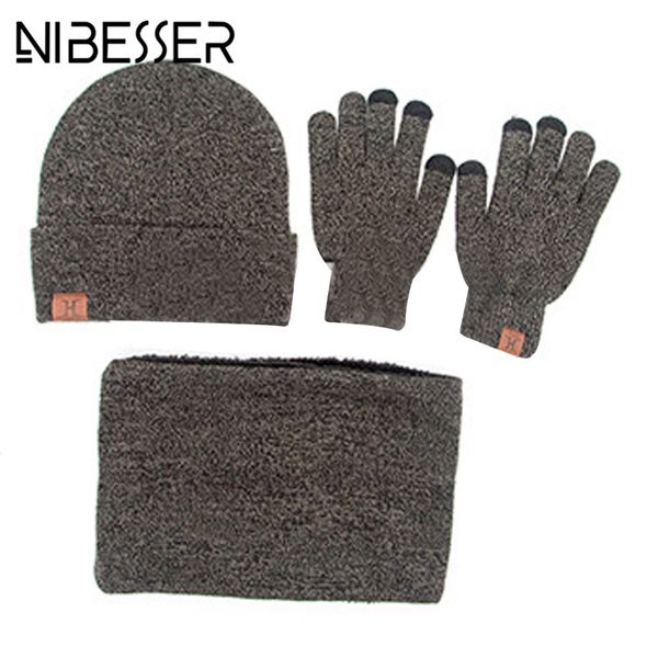 

NIBESSER зима 3 шт. Набор вязаная шляпа перчатки шарф для мужчин мода теплый повседнев