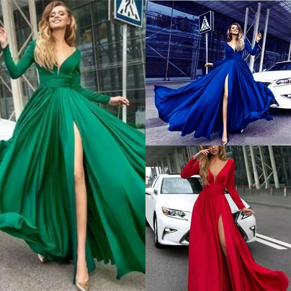 long sleeve prom dresses 2018 a line v neck side split evening gowns custom made formal party dress cheap, Black
long sleeve prom dresses 2018 a line v neck side split evening gowns custom made formal party dress cheap, Black