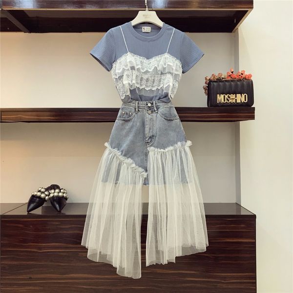 luxury quality 2018 summer women lace patchwork t-shirt + mesh denim skirt 2 pcs sets female fashion suits, White
luxury quality 2018 summer women lace patchwork t-shirt + mesh denim skirt 2 pcs sets female fashion suits, White