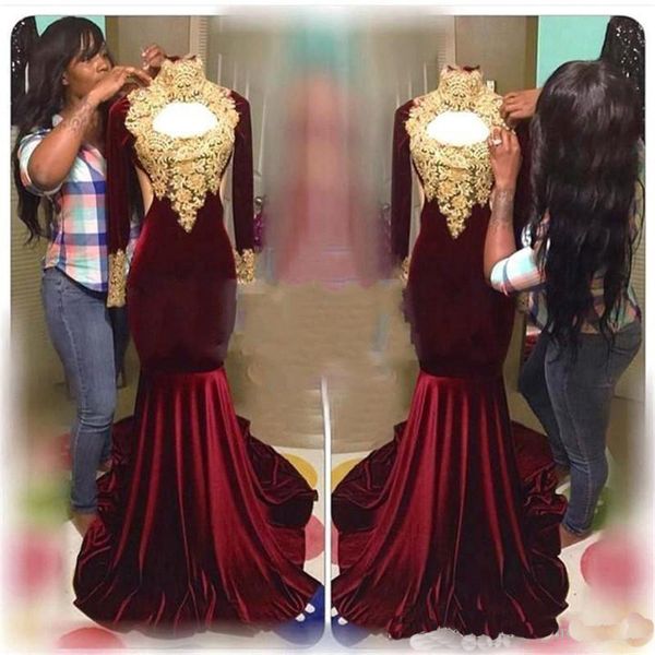 High Neck Long Sleeves Prom Dresses Mermaid Gold Lace Velvet Evening Dresses African Prom Party Gowns
High Neck Long Sleeves Prom Dresses Mermaid Gold Lace Velvet Evening Dresses African Prom Party Gowns