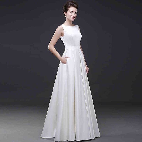 long satin modest white wedding dress sleeveless a line women formal wedding gowns without tail lace-up closure
long satin modest white wedding dress sleeveless a line women formal wedding gowns without tail lace-up closure