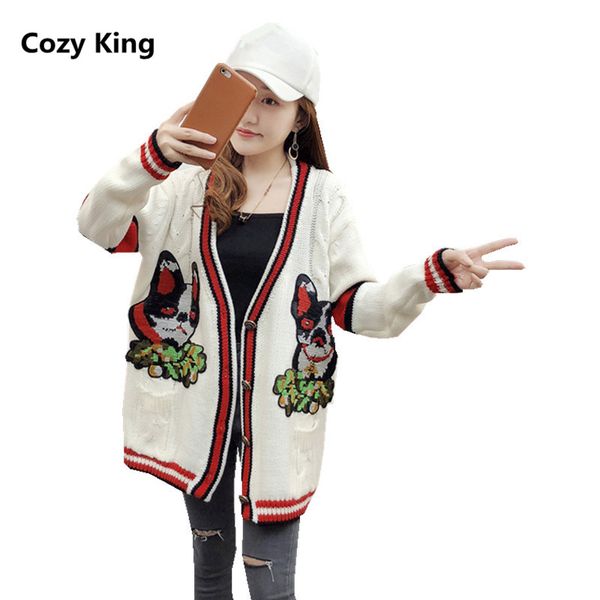 cozy king plus size 2018 autumn new v-neck loose knit cardigan embroidery sweater womens puppy pattern single-breasted coat, White;black
cozy king plus size 2018 autumn new v-neck loose knit cardigan embroidery sweater womens puppy pattern single-breasted coat, White;black
