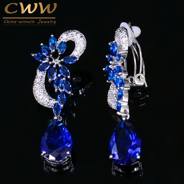 

cwwzircons non pierced vintage royal blue cz crystal flower shape no hole ear bridal clip earrings without piercing cz023, Silver