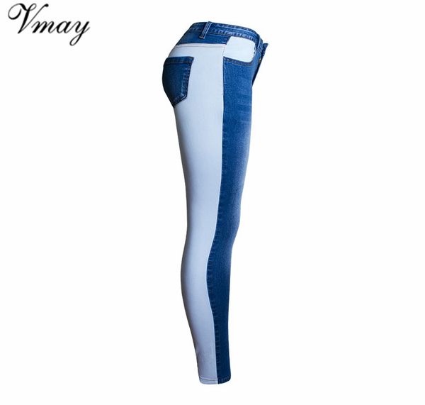 

new oops 2018 new arrival women elastic slim stitching colorblock pencil pants two-tone women's trousers, Blue