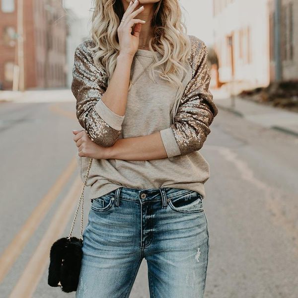 women t-shirts sequined t shirt long sleeve t-shirt casual loose patchwork o-neck tee ws5134e, White
women t-shirts sequined t shirt long sleeve t-shirt casual loose patchwork o-neck tee ws5134e, White