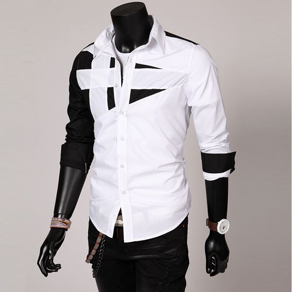 summer style korean men's fashion style slim personality splicing long-sleeve shirt -31, White;black
summer style korean men's fashion style slim personality splicing long-sleeve shirt -31, White;black