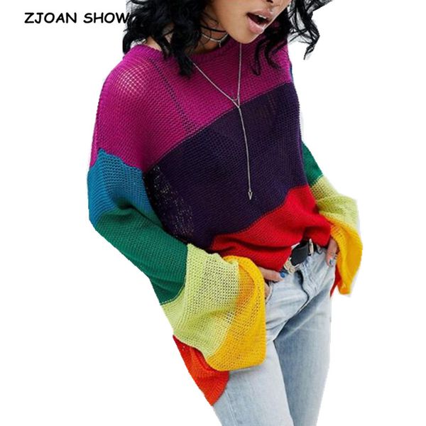 rainbow colored stripe see through knit long sweater 2018 women o neck contrast color thin pullover knitwear jumper, White;black
rainbow colored stripe see through knit long sweater 2018 women o neck contrast color thin pullover knitwear jumper, White;black