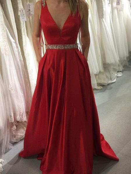 red satin tank a-line prom dresses long v neck beaded sequins sparkle formal dresses backless evening dresses, Black
red satin tank a-line prom dresses long v neck beaded sequins sparkle formal dresses backless evening dresses, Black