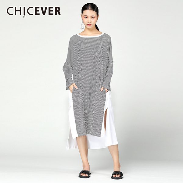 

chicever patchwork striped dress women o neck long sleeve split hem asymmetric midi dress autumn fashion clothing new 2018, White;black