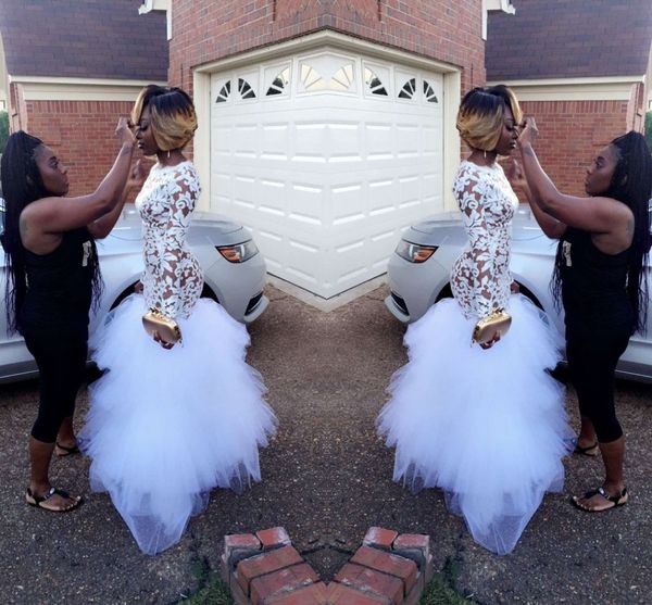 see through lace mermaid wedding dresses jewel neck long sleeve appliqued ruffles tiered tulle bridal gowns african wedding dress, White
see through lace mermaid wedding dresses jewel neck long sleeve appliqued ruffles tiered tulle bridal gowns african wedding dress, White