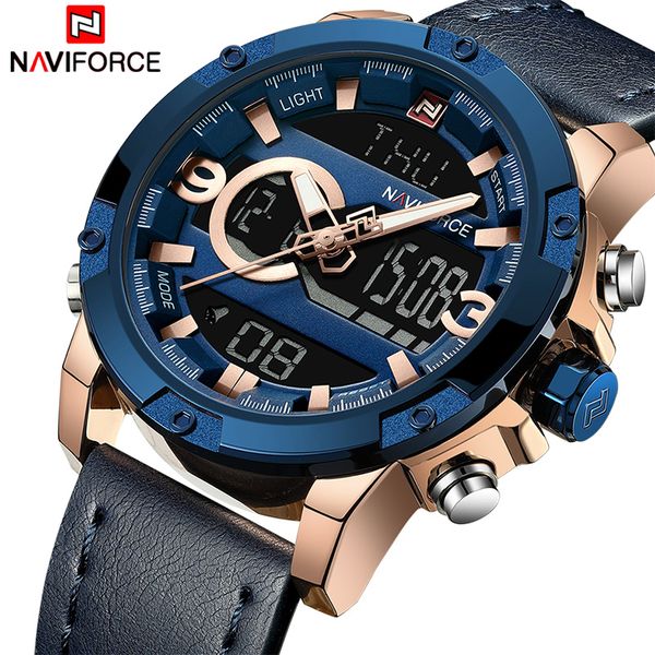 

naviforce 9097 men's sport watch men leather waterproof quartz watches male led analog digital clock relogio masculino, Slivery;brown