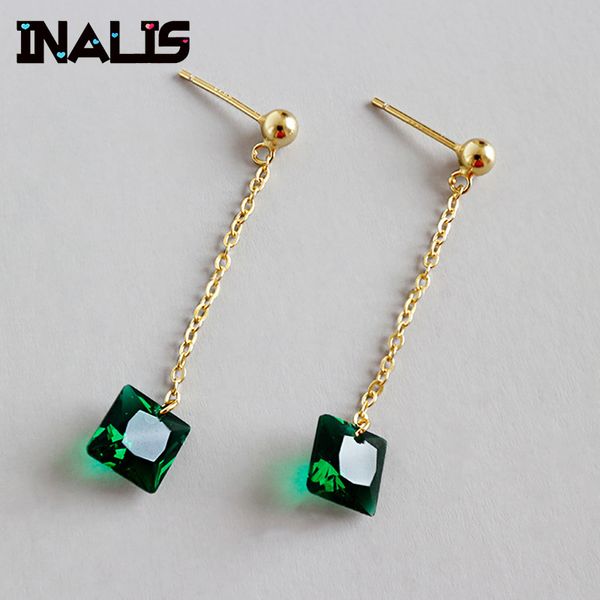 

inalis brand new long chain dangle earrings for women s925 sterlings emerald cz drop brincos bijoux boucle d'oreille jewelry, Golden;silver