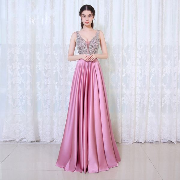 high-end fashion v-neck formal evening dress pink elastic silk halter handmade beaded long party dance dress hy070, Black;red
high-end fashion v-neck formal evening dress pink elastic silk halter handmade beaded long party dance dress hy070, Black;red