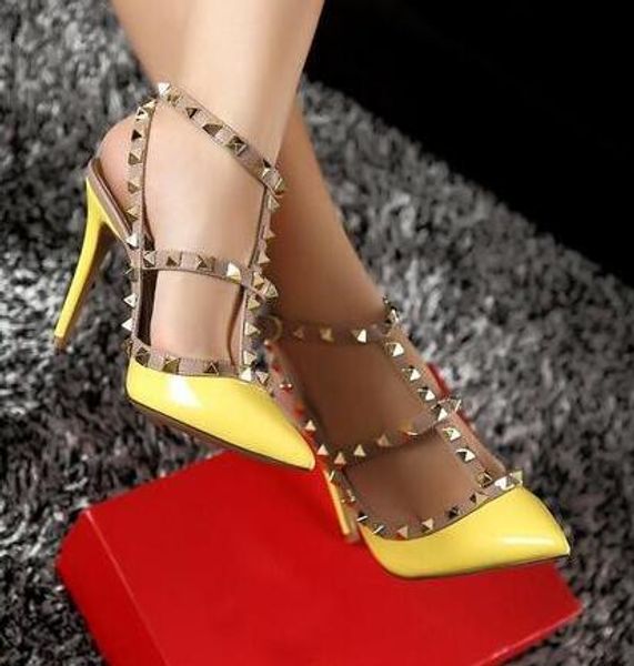 Top Fashion High Heels T Straps Rivets High Heels Woman Sandal Shoes Patent Leather V Shoes pointed toe women wedding shoes 8cm 10cm+box