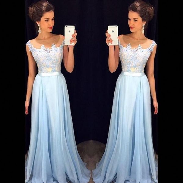 elegant light sky blue prom dresses sheer neck cap sleeves appliqued chiffon floor length formal dress modest evening gowns zipper back, Black
elegant light sky blue prom dresses sheer neck cap sleeves appliqued chiffon floor length formal dress modest evening gowns zipper back, Black