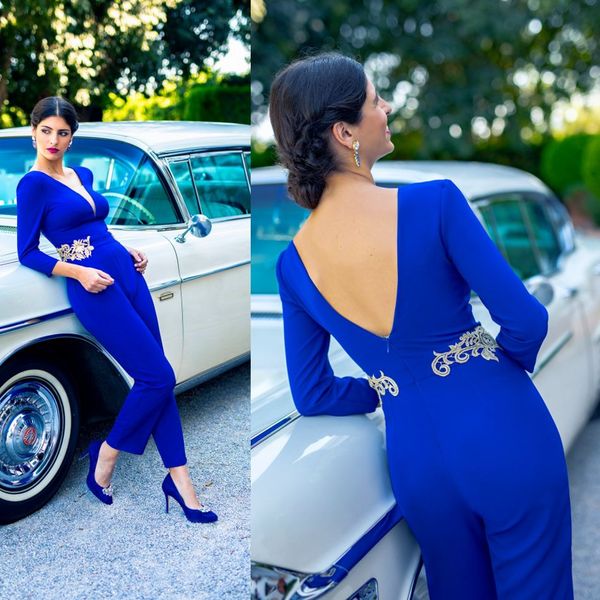 2019 new blue jumpsuits prom dresses long sleeves v neck formal evening party gowns lace appliqued special occasion pants, Black
2019 new blue jumpsuits prom dresses long sleeves v neck formal evening party gowns lace appliqued special occasion pants, Black