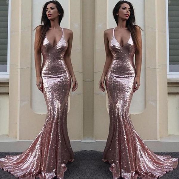 rose gold sequin mermaid prom dresses sparkle v neck spaghetti straps backless evening gowns criss cross back special occasion dresses, Black
rose gold sequin mermaid prom dresses sparkle v neck spaghetti straps backless evening gowns criss cross back special occasion dresses, Black