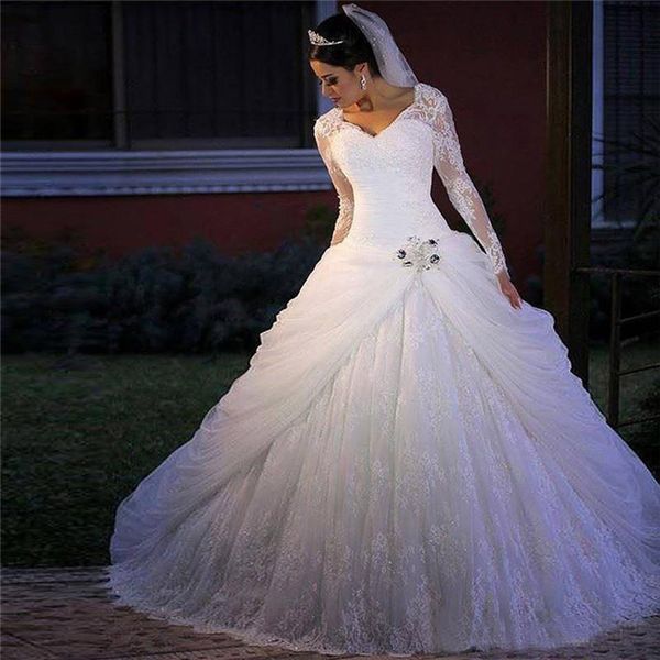 luxurious lace long sleeves ball gown wedding dresses plus size beaded appliques crystals v-neck bridal gown wedding gowns, White
luxurious lace long sleeves ball gown wedding dresses plus size beaded appliques crystals v-neck bridal gown wedding gowns, White
