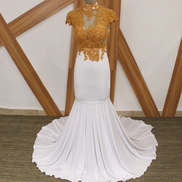 white mermaid evening dress with gold lace 2018 beaded appliques high neck sweep train satin long prom gowns custom made dress, Black
white mermaid evening dress with gold lace 2018 beaded appliques high neck sweep train satin long prom gowns custom made dress, Black