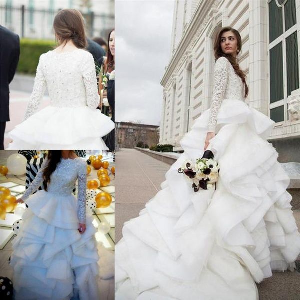 2019 long sleeves a-line wedding dresses lace beaded tiered ruffles plus size bridal gowns with chapel train, White
2019 long sleeves a-line wedding dresses lace beaded tiered ruffles plus size bridal gowns with chapel train, White
