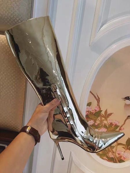 2018 wholesale high end customize european stage fashion show super high heel pointed toe mirror silver leather high boots plus size45, Black
2018 wholesale high end customize european stage fashion show super high heel pointed toe mirror silver leather high boots plus size45, Black