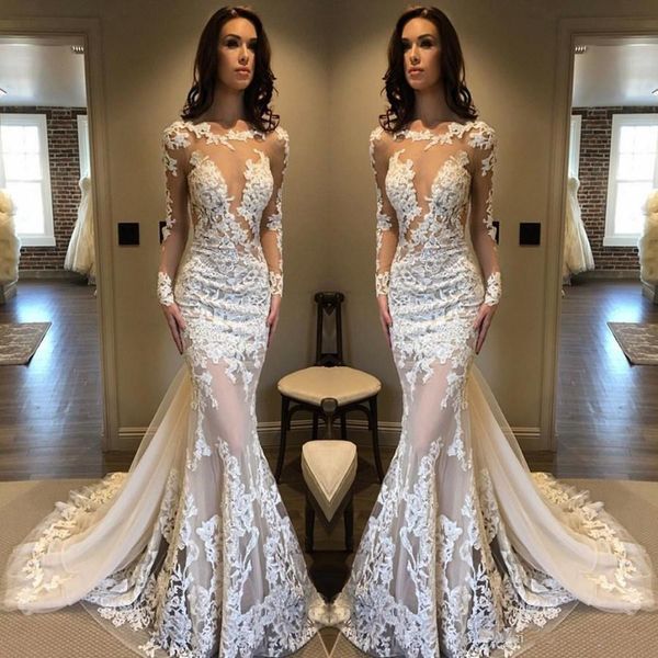 

платья чувствительная sheer кружева русалка свадебные платья vestidos де novia 2018 новый длинные рукава иллюзия лиф 3d flora long summer br, White