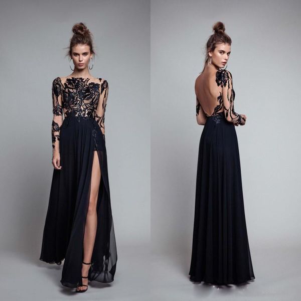 2018 Berta Long Black Пром платья A-Line Sheer Кружева с длинными рукавами Bateau Backless Шифон Длина п
2018 Berta Long Black Пром платья A-Line Sheer Кружева с длинными рукавами Bateau Backless Шифон Длина п