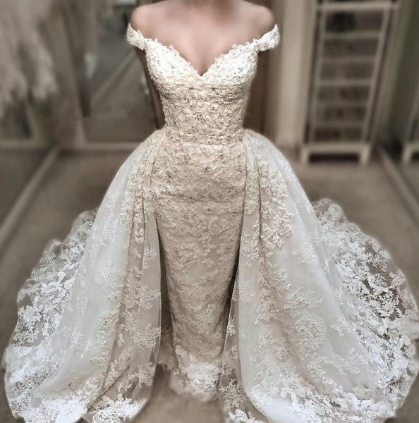 Vintage Lace Mermaid Wedding Dress With Detachable Over-Skirts Charming Off Shoulder V-Neck Wedding Gowns Beaded Applique Bridal Dresses
Vintage Lace Mermaid Wedding Dress With Detachable Over-Skirts Charming Off Shoulder V-Neck Wedding Gowns Beaded Applique Bridal Dresses