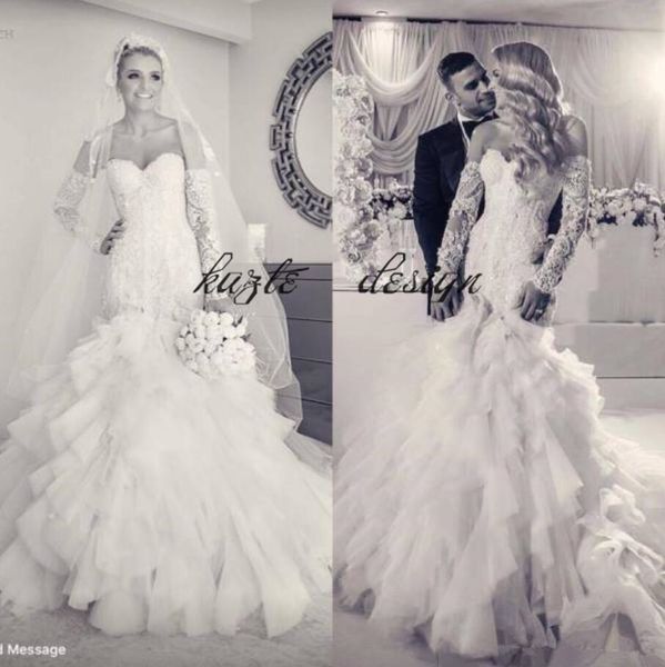 2018 steven khalil mermaid wedding dresses with detachable sleeve lace tulle applique ruffle sweep train castle bridal dress plus size, White
2018 steven khalil mermaid wedding dresses with detachable sleeve lace tulle applique ruffle sweep train castle bridal dress plus size, White