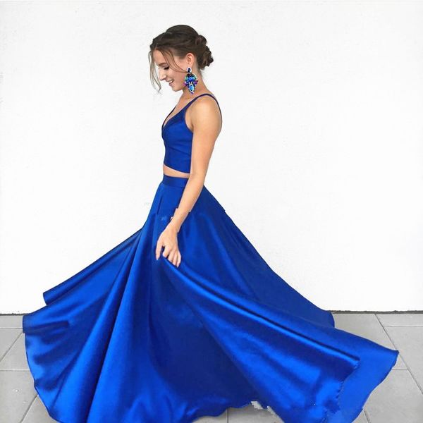 two pieces prom dresses deep v neck floor length a line satin modern style girls party gowns custom made, Black
two pieces prom dresses deep v neck floor length a line satin modern style girls party gowns custom made, Black