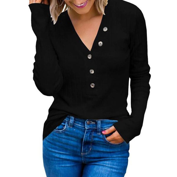 autumn women solid color button t-shirt casual long sleeve v neck top, White 
autumn women solid color button t-shirt casual long sleeve v neck top, White