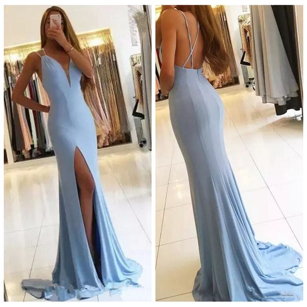 light sky blue chiffon prom dresses 2019 sleeveless criss cross back sweep train long split side party dresses custom vestido de festa, Black
light sky blue chiffon prom dresses 2019 sleeveless criss cross back sweep train long split side party dresses custom vestido de festa, Black