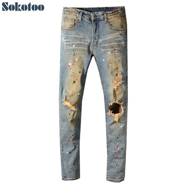 sokotoo men's painted holes ripped torn denim jeans vintage blue distressed stretch denim pants high quality
sokotoo men's painted holes ripped torn denim jeans vintage blue distressed stretch denim pants high quality