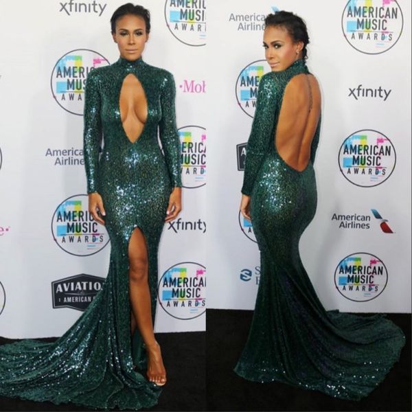 

green michael costello prom dresses 2020 high neck mermaid keyhole hollow out sequined backless slit side evening gowns