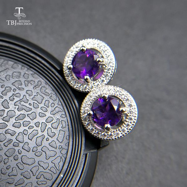 tbj,classic clasp earrings with natural amethyst round 5mm in 925 sterling silver earrings for women with gift box, Black