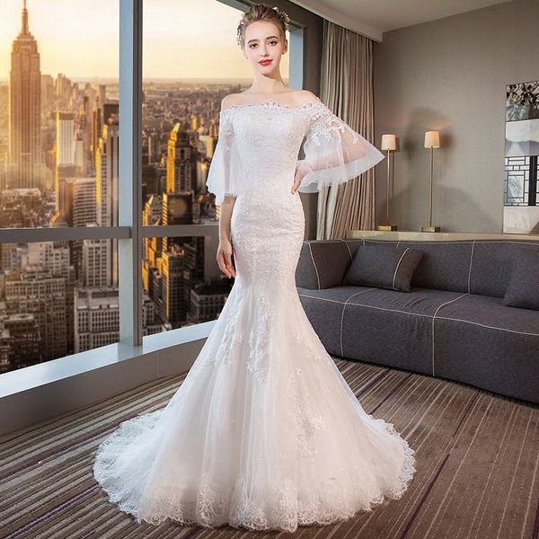 off the shoulder wedding dress with half sleeves 2019 lace appliques mermaid wedding gown sweep train bride dresses, White
off the shoulder wedding dress with half sleeves 2019 lace appliques mermaid wedding gown sweep train bride dresses, White