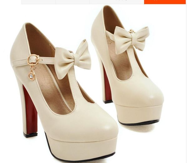 send woman shoes coarse heel single shoes bowknot high heeled shoes, Black