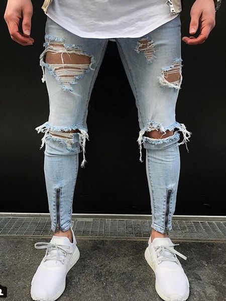 ripped holes mens high street blue jeans leg zipper fit biker fashion long pencil pants male long trousers hip hop slim distressed jeans 
ripped holes mens high street blue jeans leg zipper fit biker fashion long pencil pants male long trousers hip hop slim distressed jeans