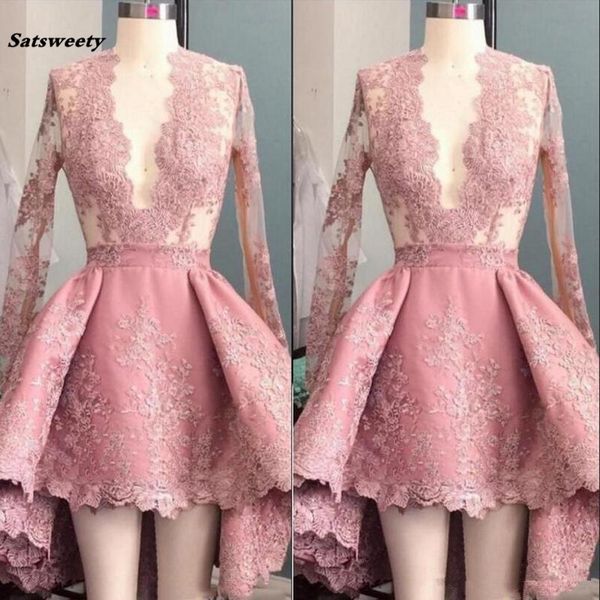 deep v-neck hi-lo evening dresses peach pink long sleeve applique ruffle short party prom dresses, Black;red
deep v-neck hi-lo evening dresses peach pink long sleeve applique ruffle short party prom dresses, Black;red