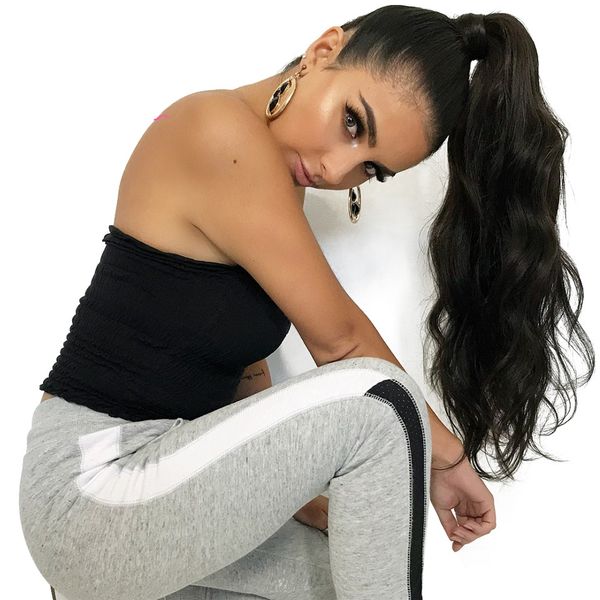 drawstring ponytail hair extension 22" long fake ponytail extensions 100% real hair pony tails human hair wavy hairpieces of human 160g, Black
