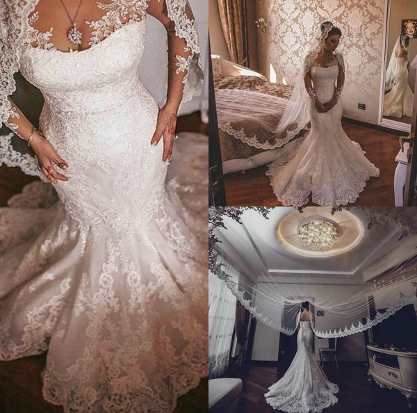 vintage mermaid wedding dresses appliques sheer jewel neck sweep train long sleeve bridal gowns button back plus size wedding dress, White
vintage mermaid wedding dresses appliques sheer jewel neck sweep train long sleeve bridal gowns button back plus size wedding dress, White