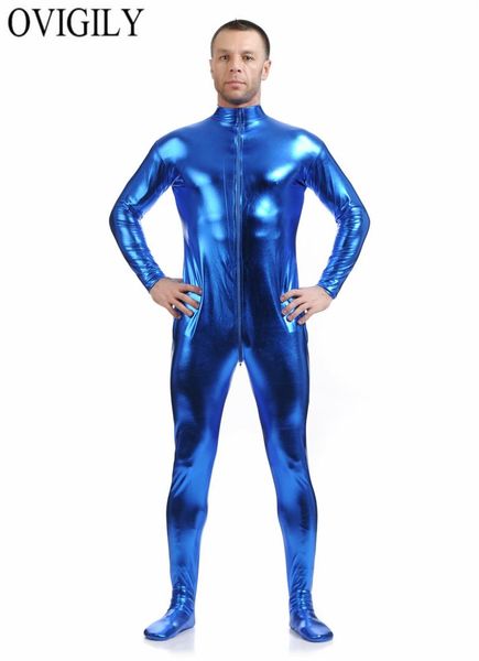 

ovigily men blue zentai suit front zip shiny metallic full body zentai catsuit spandex unitard mock neck lycra bodysuits no hood, Black