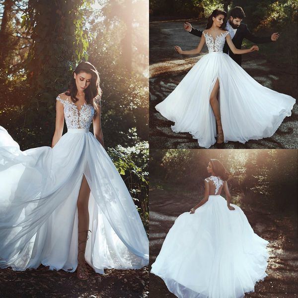 said mhamad 2018 wedding dress sheer neck lace appliques chiffon side split summer beach bridal gowns, White
said mhamad 2018 wedding dress sheer neck lace appliques chiffon side split summer beach bridal gowns, White